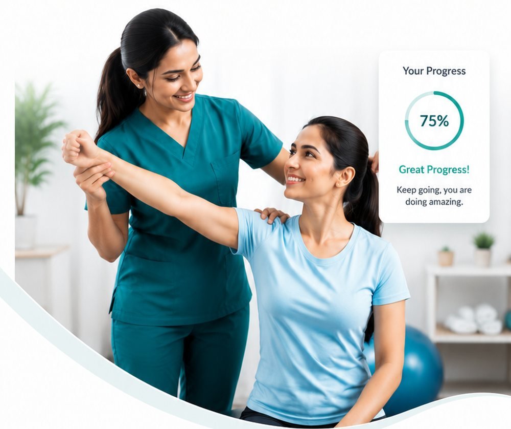 A physiotherapist supporting a patient through a shoulder exercise in a clinic room.