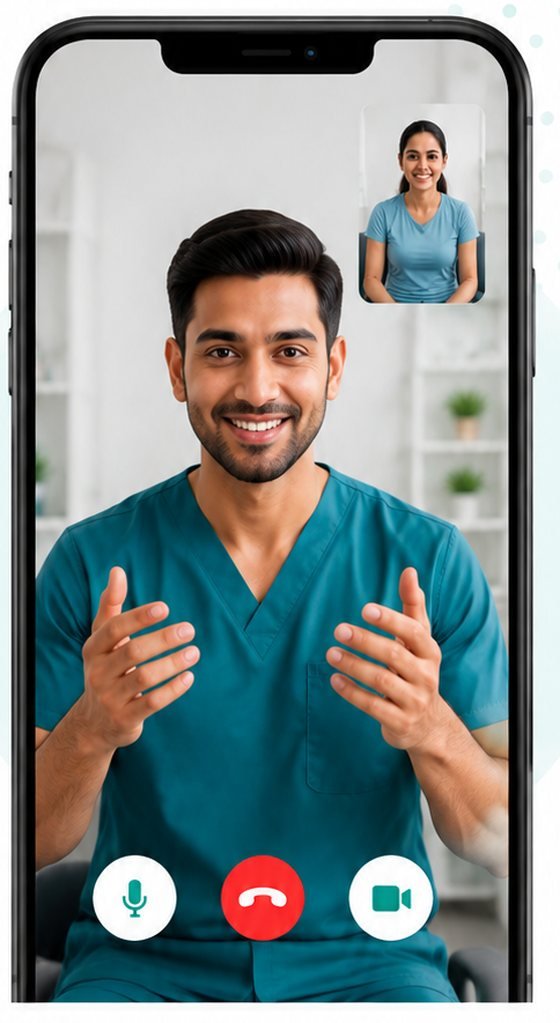 A patient speaking with a physiotherapist over a video consultation on a smartphone.